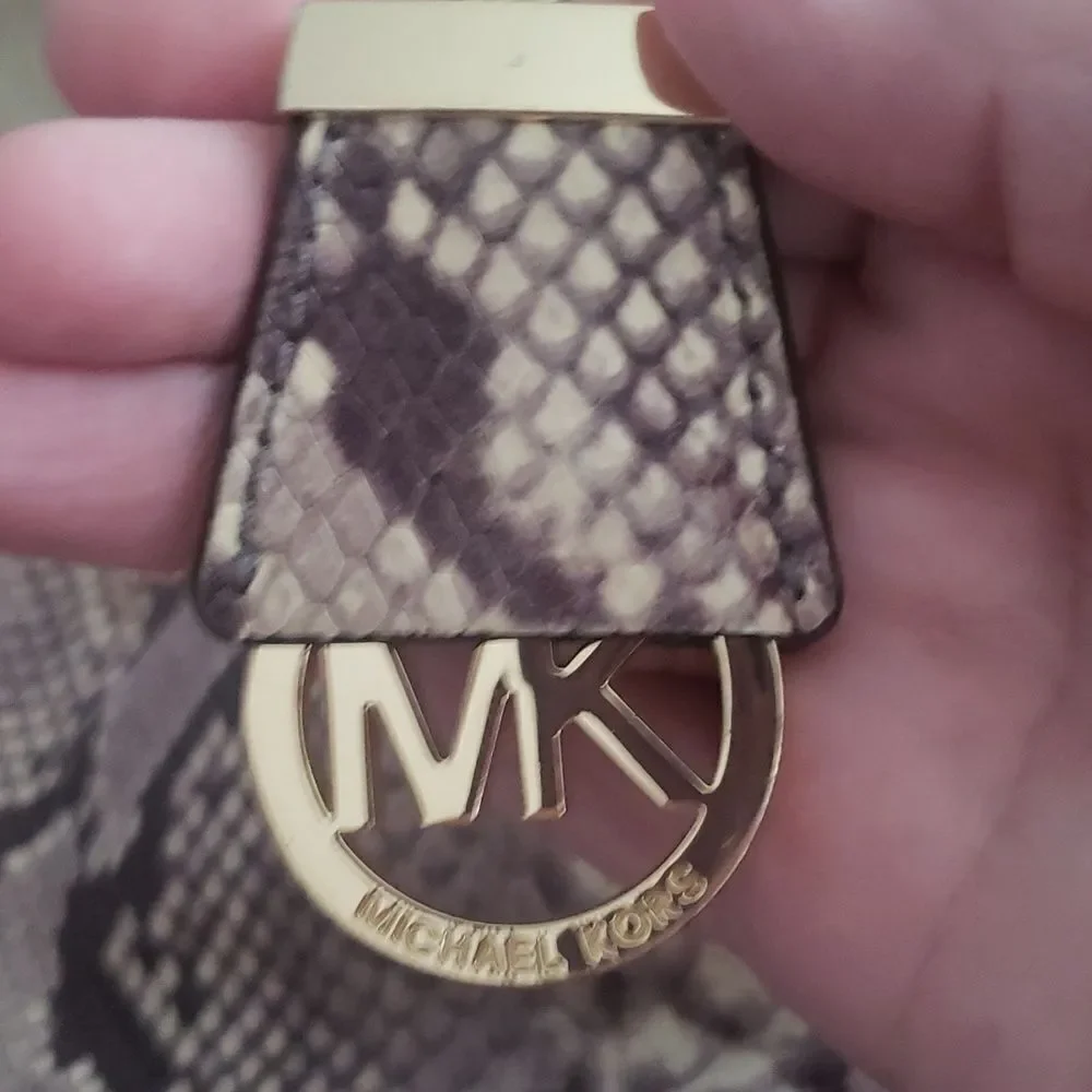 Michael Kors Black Tan Beige Python Embossed Leather Handbag Shoulder Bag Purs